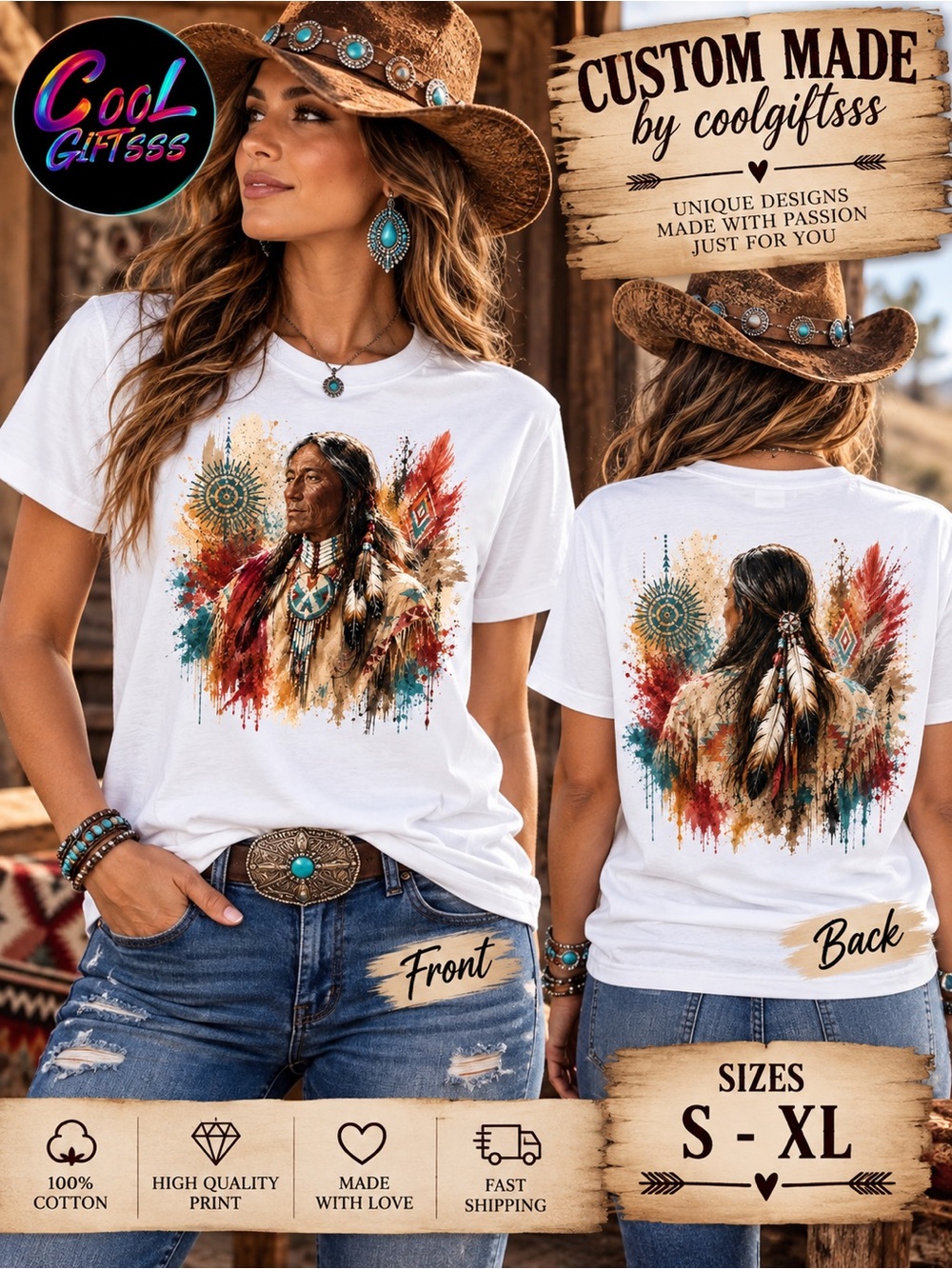 Custom Native American Inspired Graphic T-Shirt | Front & Back Western Tee S-XL